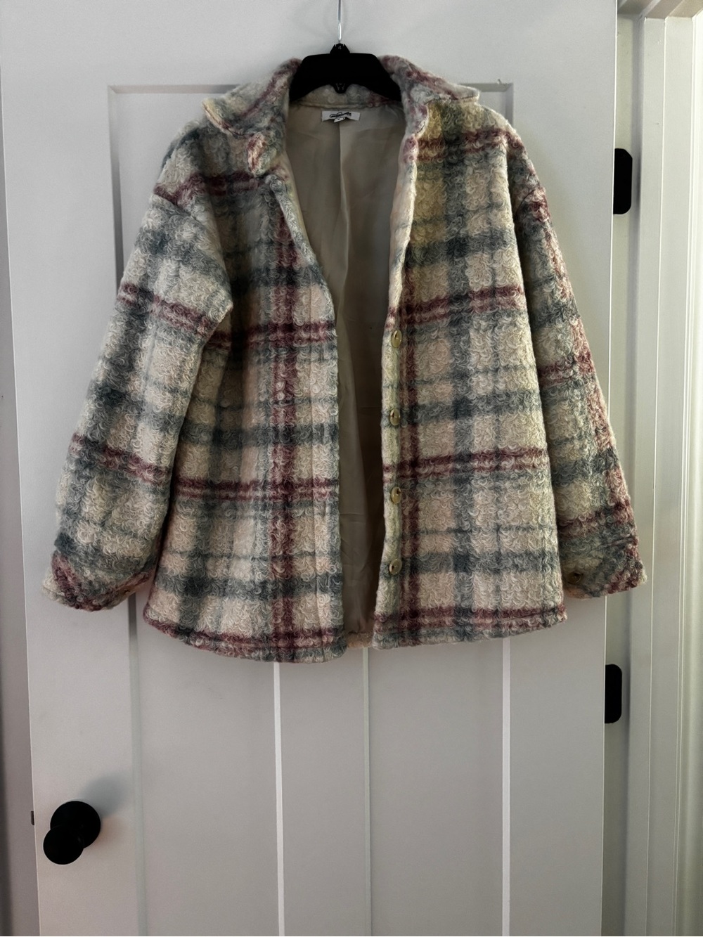 Plaid Teddy Shacket Jacket in Cream, Green & Burgundy